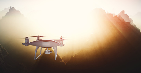 Wall Mural - photo white matte generic design modern remote control drone with camera flying in sky under the ear