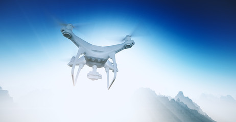 Wall Mural - photo white matte generic design modern remote control drone with camera flying in blue sky under th