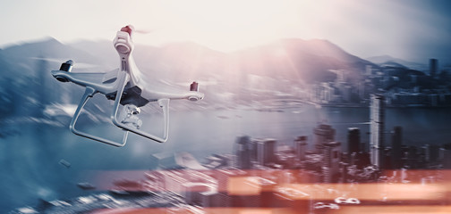 Wall Mural - photo white matte generic design remote control air drone with action camera flying sky under city. 