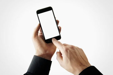 Photo businessman holding modern smartphone hand, touching blank screen.Isolated white, empty background. Ready for your business information. Horizontal mockup.