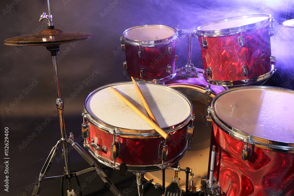 Drums set and sticks, close-up
