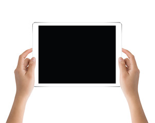 Poster - hand holding black tablet isolated on white clipping path inside
