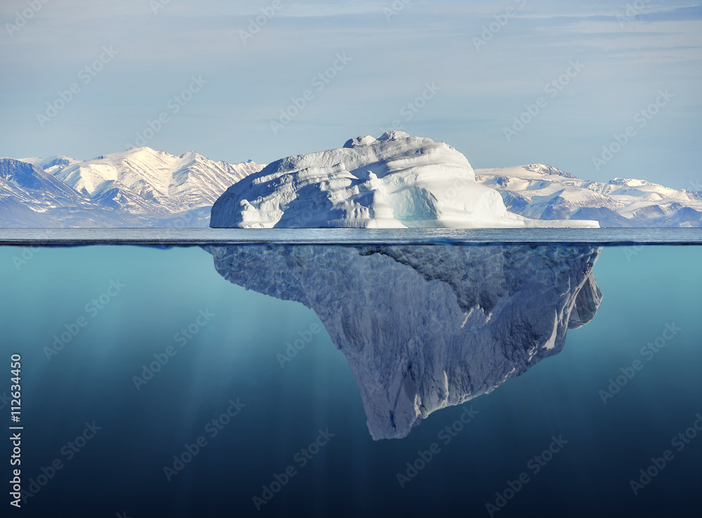 iceberg with above and underwater view - obrazy, fototapety, plakaty 