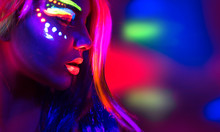 Fashion Model Woman In Neon Light, Portrait Of Beautiful Model Girl With Fluorescent Make-up