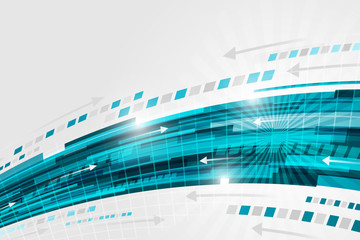 Wall Mural - abstract vector technology background with blue swoosh, arrows and glitter.