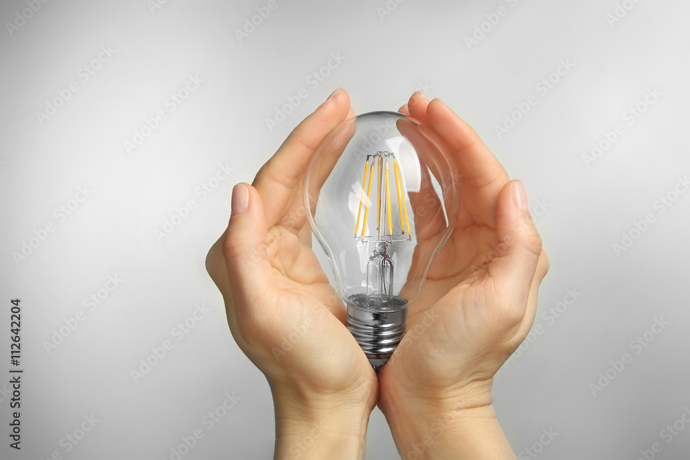 Woman hands holding bulb on grey background