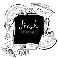 Wall Mural - Vector border illustration of fresh watermelon slices. Hand drawn set of vegetarian tasty organic food with black square text template.