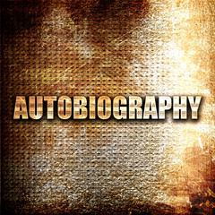 autobiography, 3D rendering, metal text on rust background