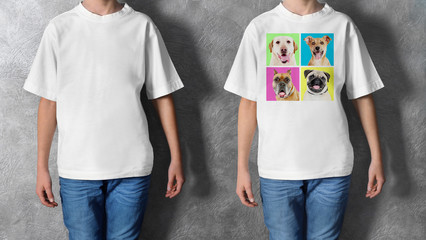 T-shirt design concept - boy in blank white t-shirt and boy in t-shirt with print of bogs