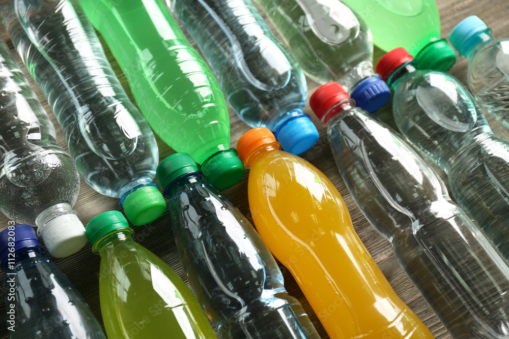 Bottled water on the wooden table,close up
