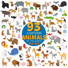 Big Set Of 93 Cute Cartoon Animals Of The World. Vector Illustration Isolated On White. Icon Set.