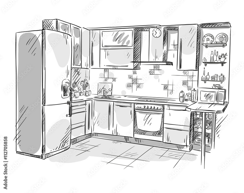 Kitchen interior drawing, vector illustration Stock Vector | Adobe Stock