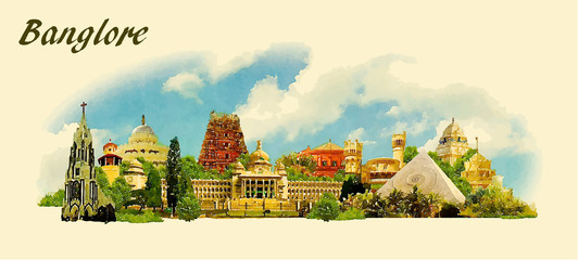 Wall Mural - vector panoramic water color  illustration of BANGALORE city