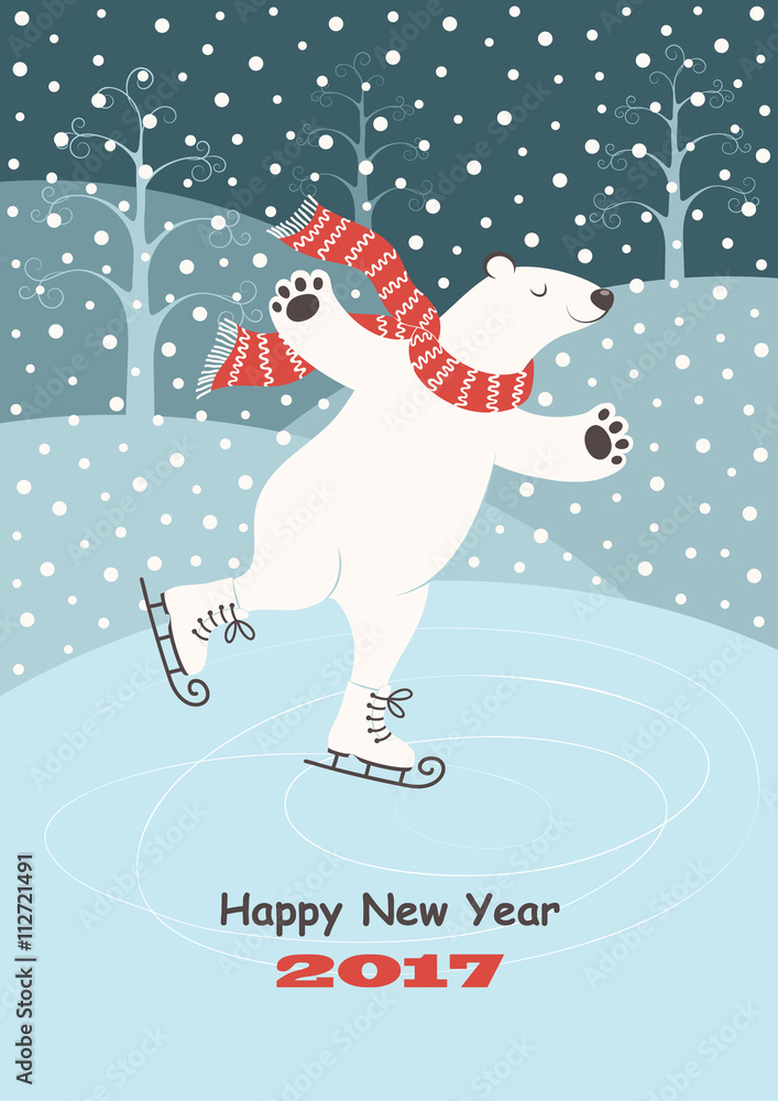 Card with a polar bear skating on ice, snow and winter trees. Vector ...