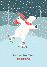 Card With A Polar Bear Skating On Ice, Snow And Winter Trees. Vector Background.