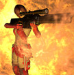 Female gunner aiming through firestorm.