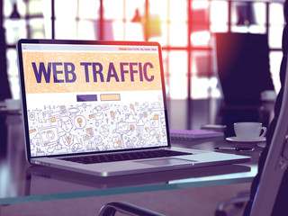 Wall Mural - web traffic concept. closeup landing page on laptop screen in doodle design style. on background of 
