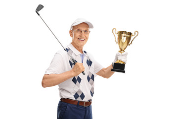 Sticker - Joyful senior golfer holding a trophy