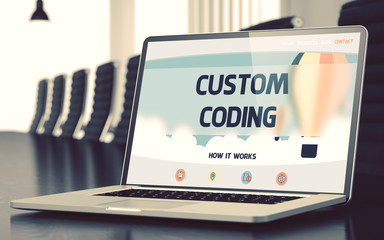 Wall Mural - modern conference hall with laptop showing landing page with text custom coding. closeup view. toned