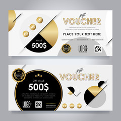 Wall Mural - Gold gift discount voucher template, vector layout. Special offer coupon. Business voucher layout. Modern style.