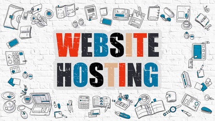 Wall Mural - Website Hosting - Multicolor Concept with Doodle Icons Around on White Brick Wall Background. Modern Illustration with Elements of Doodle Design Style.