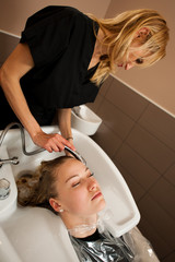 Wall Mural - Hair stylist at work - hairdresser washing hair to the customer