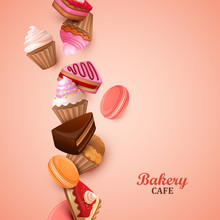 Abstract Background With Cakes, Cupcakes And Macaroons.