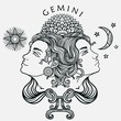 Hand drawn line art of zodiac gemini. Vector
