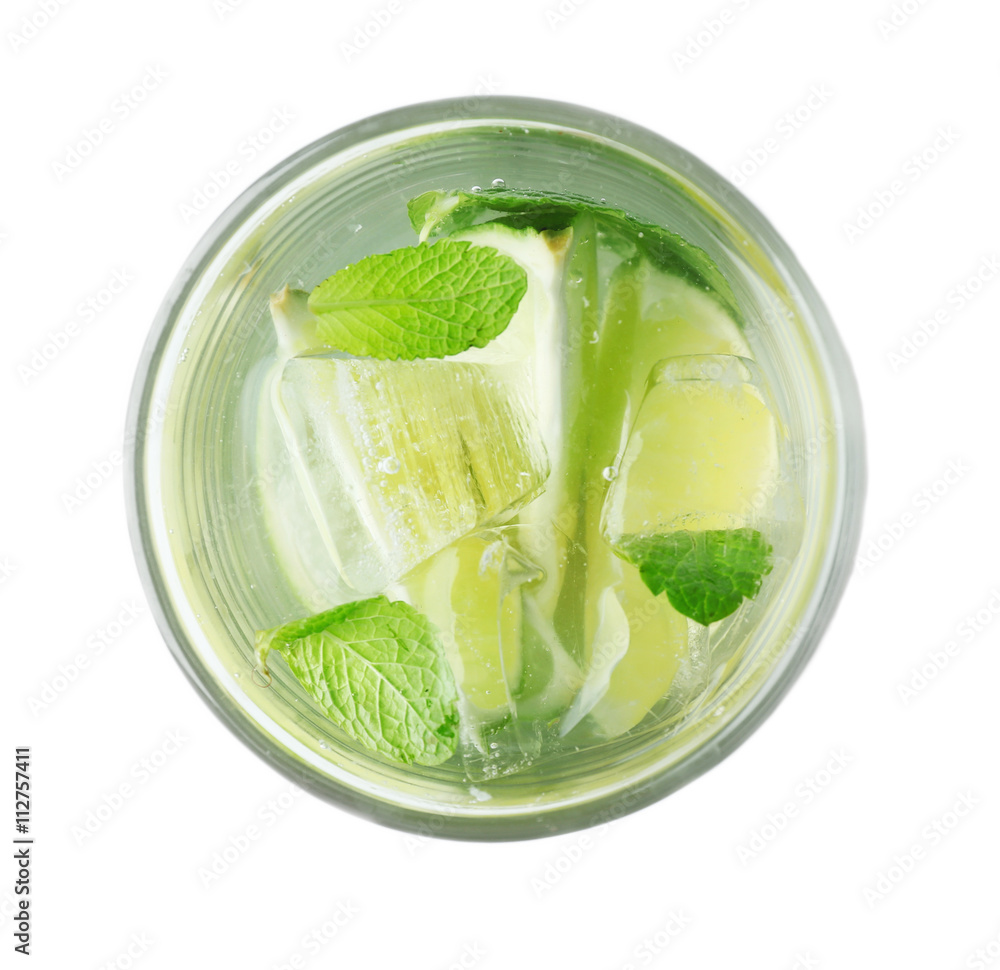 Fresh cocktail with soda, lime on white background