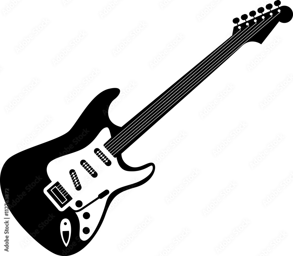 Electric guitar icon black on white. A detailed icon of electric guitar isolated on white background. Good for print and web icon of a guitar. - obrazy, fototapety, plakaty 