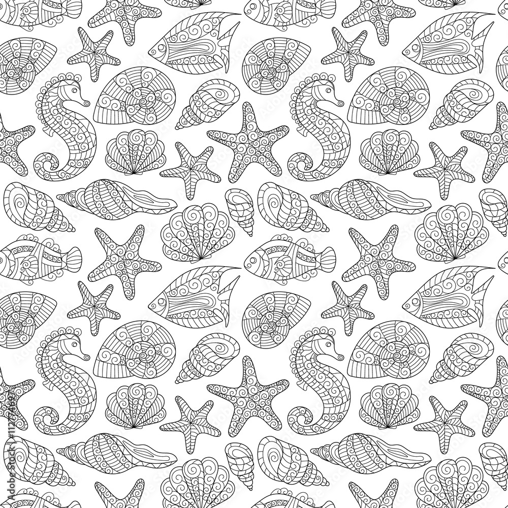 Black and white seamless pattern for coloring book. Sea life Stock ...