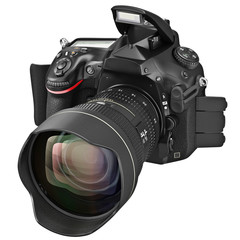 Poster - Digital DSLR camera with optical zoom lens, open flash. 3D graphic