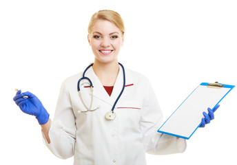 Poster - woman doctor in lab coat with clipboard and pen