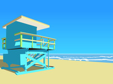 Vector Illustration. Blue Lifeguard Tower At The Beach.