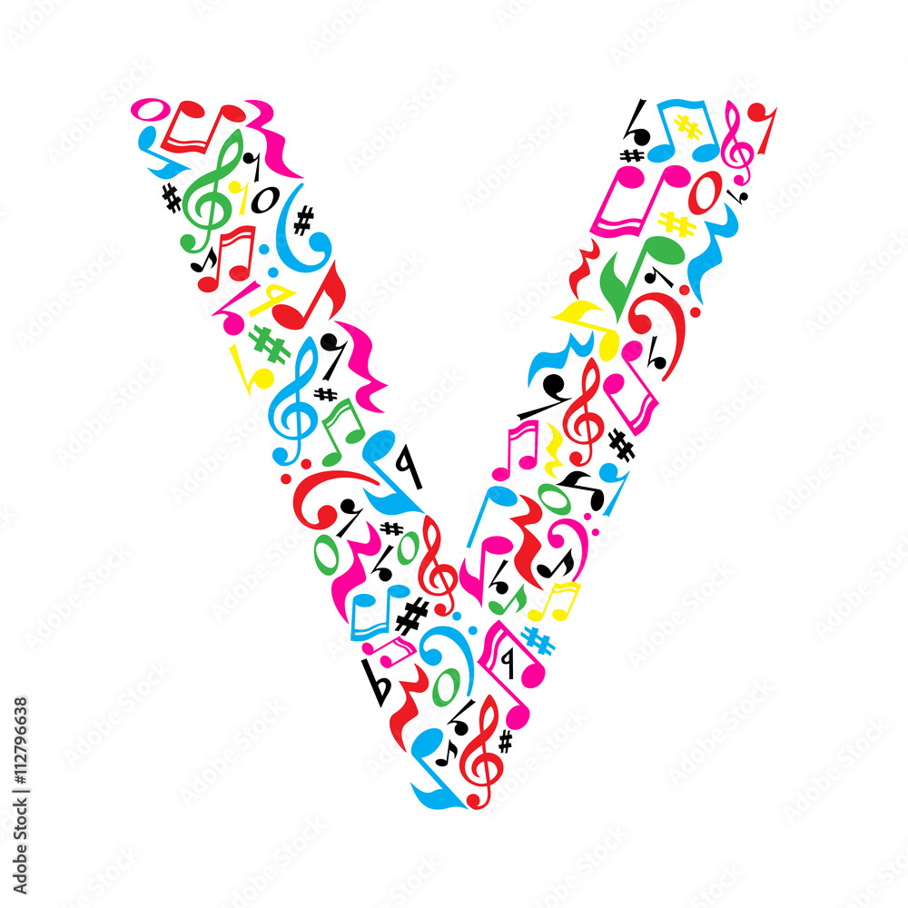 V Notes Color V letter made of colorful musical notes on white background. Alphabet ...