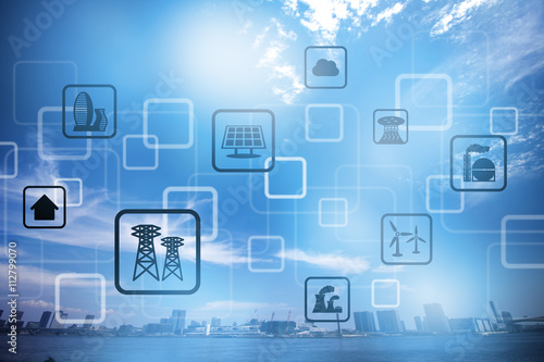 Fotografía cityscape and bridge, smart energy, smart grid, smart city, smart building, abst
