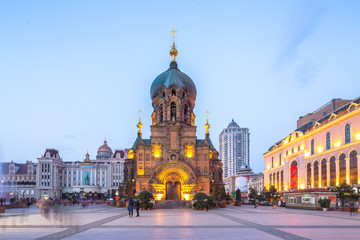 sophia cathedral in harbin in fine day at twilight