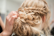 Application Of Wedding Makeup. Preparation Of The Bride. Boho Style. Ease Of Braided Hair Braids.