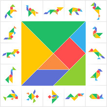 Tangram Set. Printable Solution Cards For Traditional Chinese Puzzle, Learning Game For Kids. Animals, Birds And Fish Made Of Tiling Geometric Shapes: Triangles, Square, Parallelogram. Vector