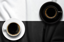 Top View Of Coffee Cup Put On A Tablecloth., Tablecloth Is Stripe Pattern Punctuate Black And White With Copy Space.