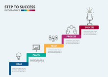 Stair Step To Success. Staircase With Icons And Elements To Success. Can Be Used For Infographic, Banner, Diagram, Step Up Options. Vector Illustration.