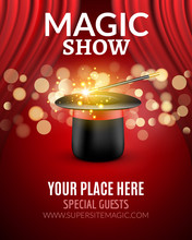 Magic Show Poster Design Template. Magic Show Flyer Design With Magic Hat And Curtains