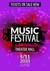 Wall Mural - Colorful vector music festival concert template flyer. Musical flyer design poster with notes