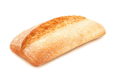 Freshly baked loaf of traditional italian bread ciabatta isolated on white background. Design element for bakery product label, catalog print, web use.