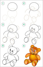 Page Shows How To Learn Step By Step To Draw A Teddy Bear. Developing Children Skills For Drawing And Coloring. Vector Image.