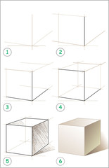 Wall Mural - Page shows how to learn step by step to draw cube. Vector image.