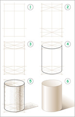 Wall Mural - Page shows how to learn step by step to draw cylinder. Vector image.
