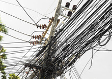 Messy Electrical Cables In Thailand - Uncovered Optical Fiber Technology Open Air Outdoors Asian Cities