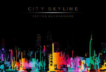 runge style vector art, colorful city night skyline illustration.