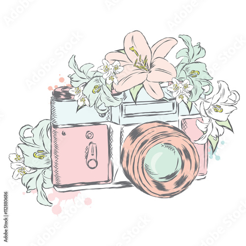 Obrazy wieloczęściowe aparat fotograficzny z kwiatami